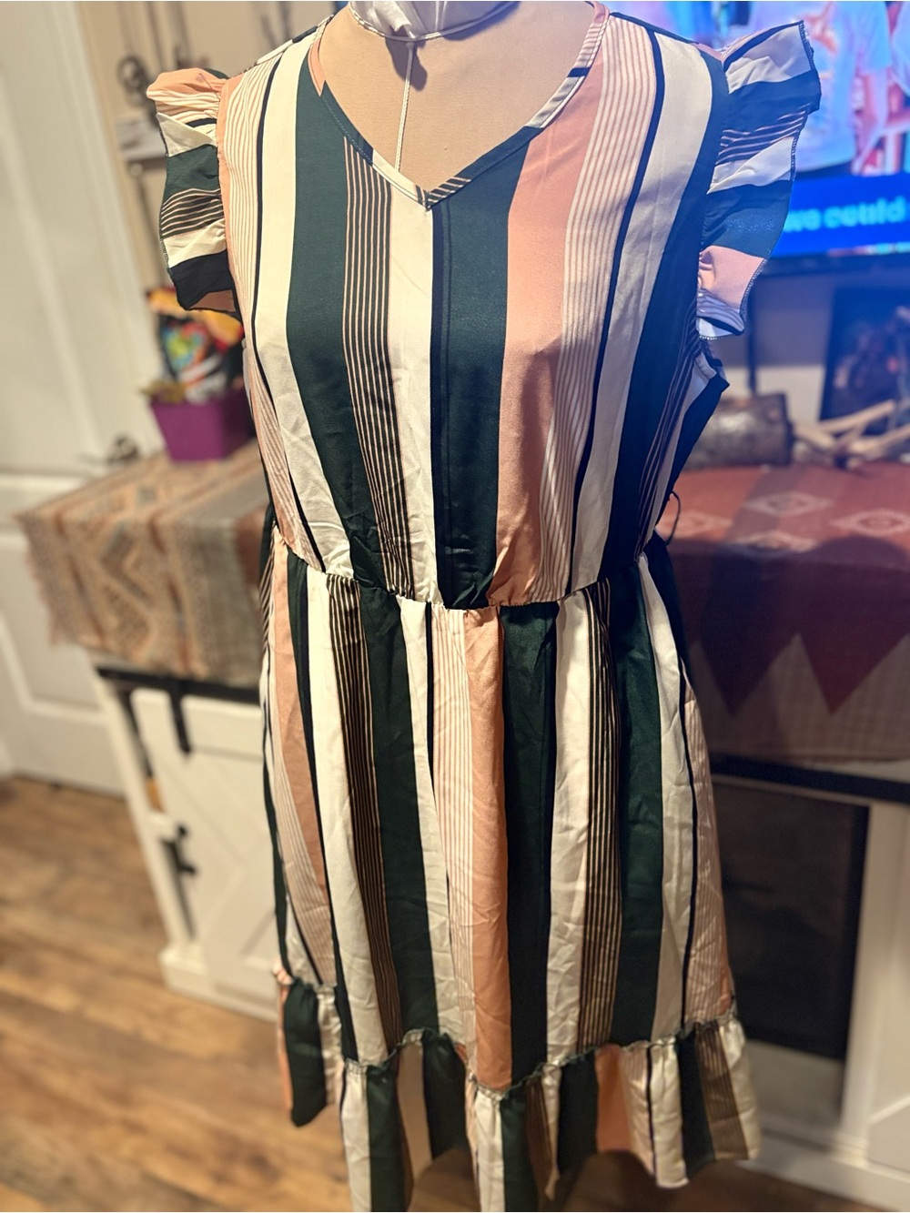 BloomChic Striped V-Neck Midi Dress in Blush, Green & White